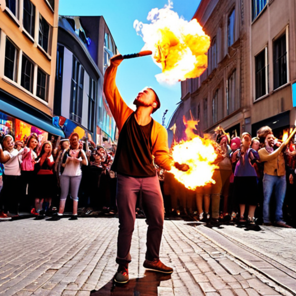 **Image Prompt:** Energetic street performer juggling flaming torches in a vibrant urban setting, surrounded by a diverse and enthusiastic crowd. SNS icons subtly floating in the background.