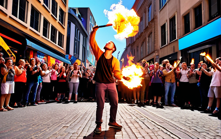 **Image Prompt:** Energetic street performer juggling flaming torches in a vibrant urban setting, surrounded by a diverse and enthusiastic crowd. SNS icons subtly floating in the background.