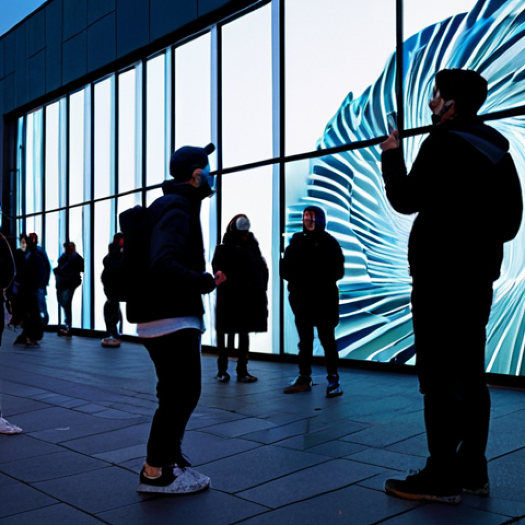 A vibrant street performer, in modest, contemporary performance attire, captivated by a dynamic projection mapping display on an urban building at dusk. The visuals on the building walls shift and swirl in response to the audience's real-time input, creating an immersive, interactive art experience. Spectators are visible in the foreground, engaged and actively participating, with a sense of wonder. Outdoor city environment, bustling yet artistic atmosphere. Professional photography, high resolution, soft lighting, professional, safe for work, appropriate content, fully clothed, perfect anatomy, correct proportions, natural pose, well-formed hands, proper finger count, natural body proportions, family-friendly.