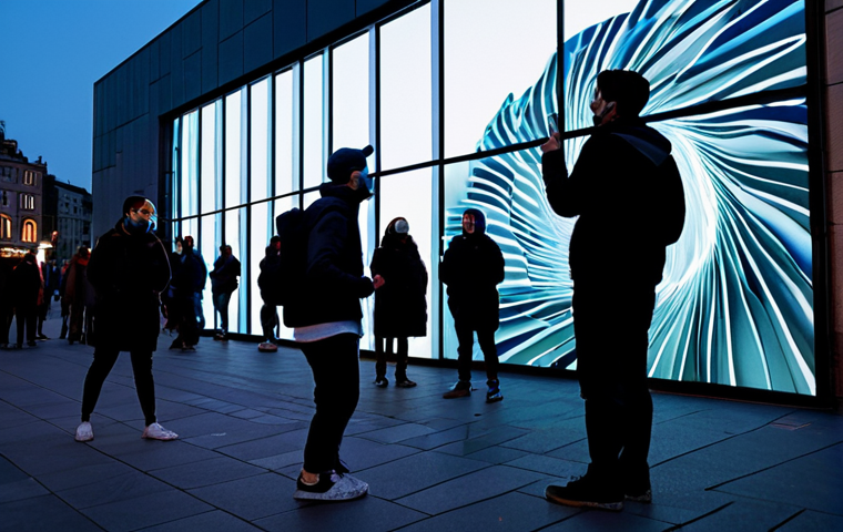 A vibrant street performer, in modest, contemporary performance attire, captivated by a dynamic projection mapping display on an urban building at dusk. The visuals on the building walls shift and swirl in response to the audience's real-time input, creating an immersive, interactive art experience. Spectators are visible in the foreground, engaged and actively participating, with a sense of wonder. Outdoor city environment, bustling yet artistic atmosphere. Professional photography, high resolution, soft lighting, professional, safe for work, appropriate content, fully clothed, perfect anatomy, correct proportions, natural pose, well-formed hands, proper finger count, natural body proportions, family-friendly.