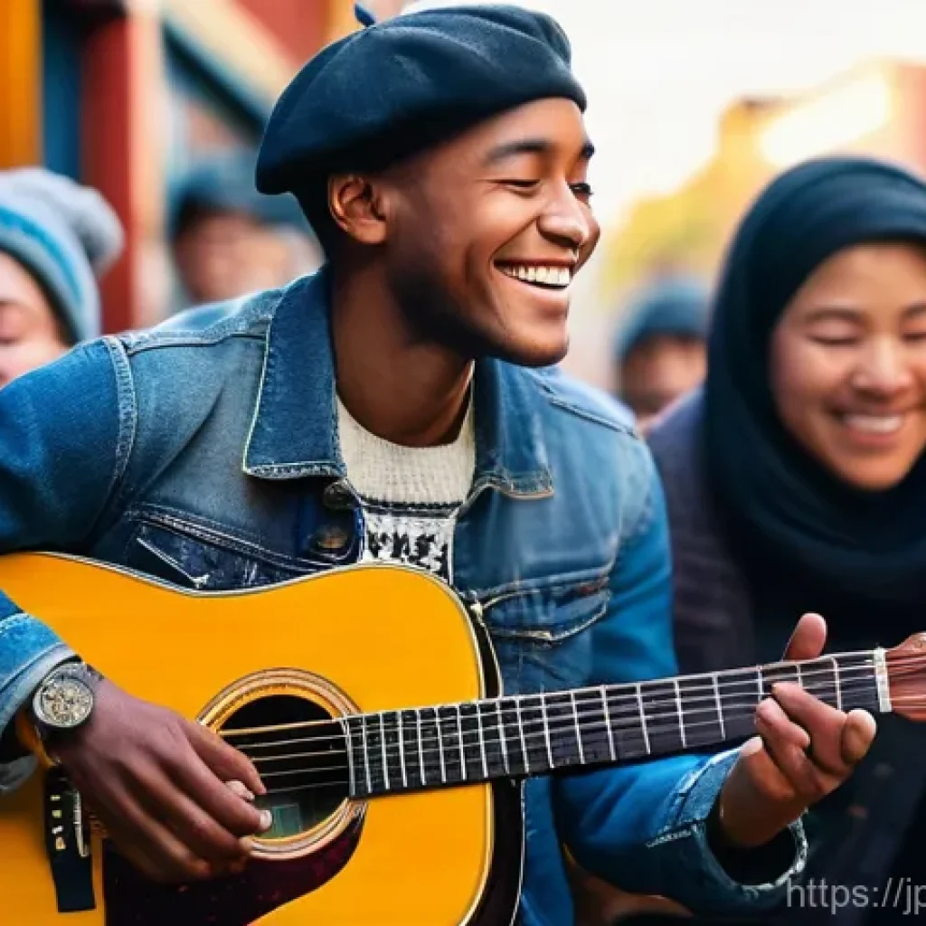 거리공연과 다른 공연 형식 비교 - **Prompt:** A vibrant street musician, a male guitarist, passionately playing an acoustic guitar on ...