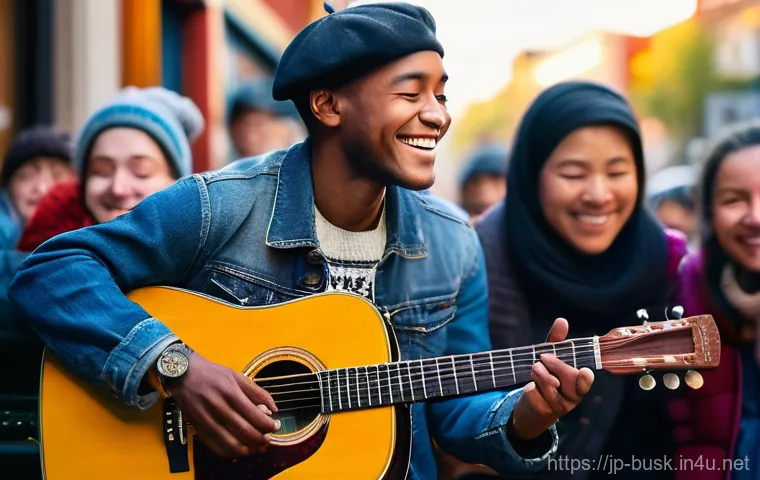 거리공연과 다른 공연 형식 비교 - **Prompt:** A vibrant street musician, a male guitarist, passionately playing an acoustic guitar on ...