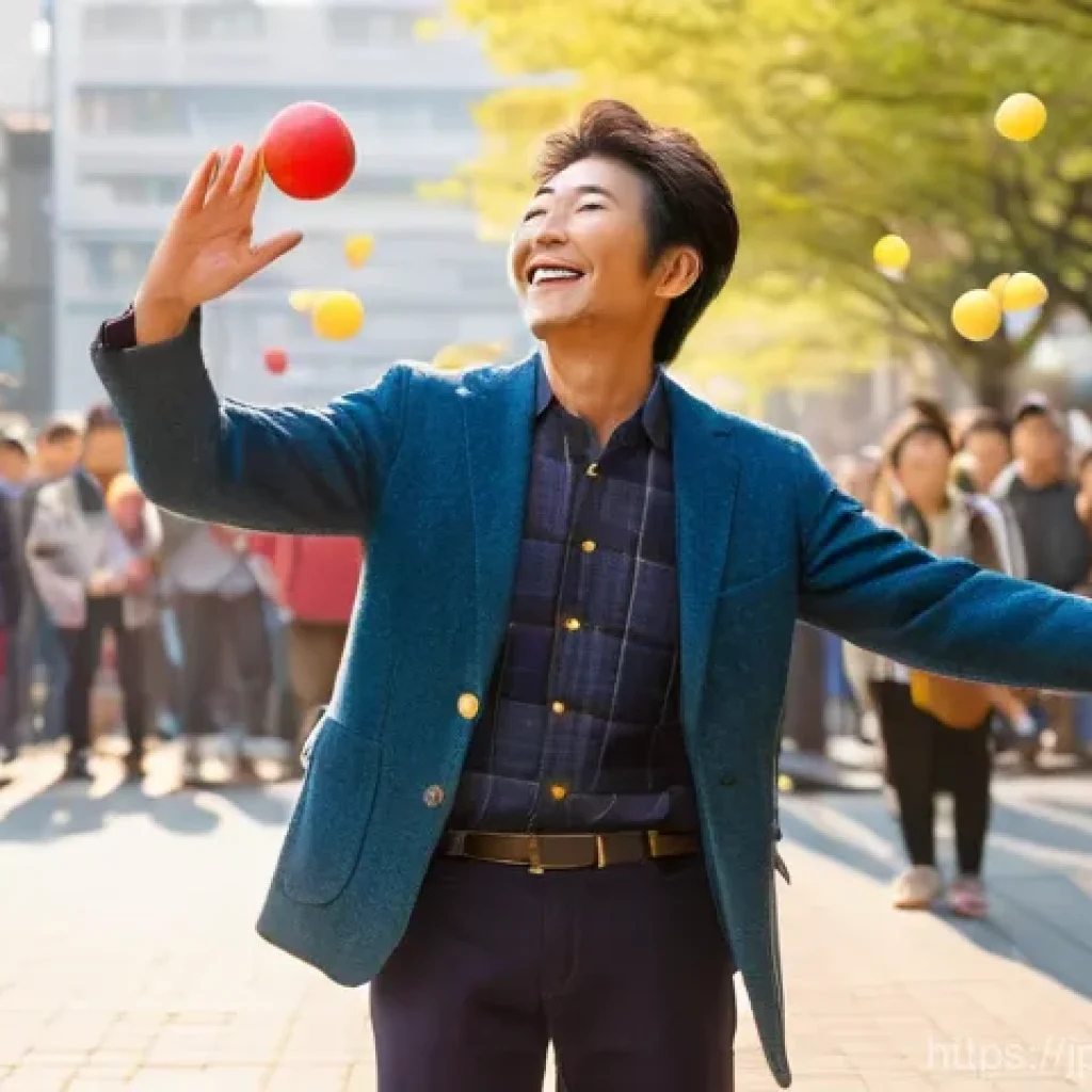 거리공연의 지속 가능성 - A vibrant street performer, a skilled juggler, captivates a diverse crowd in a bustling Japanese cit...