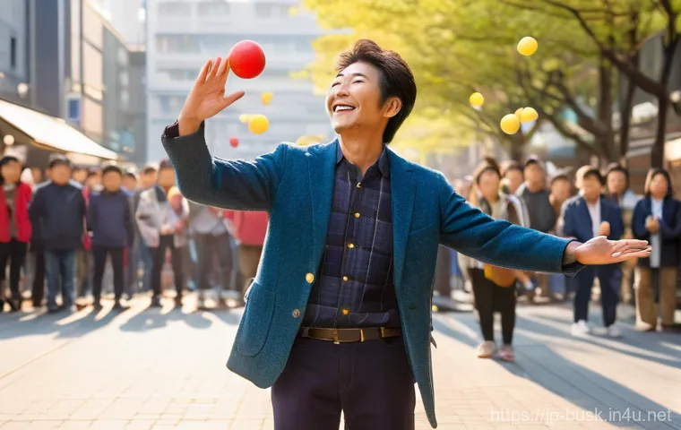 거리공연의 지속 가능성 - A vibrant street performer, a skilled juggler, captivates a diverse crowd in a bustling Japanese cit...