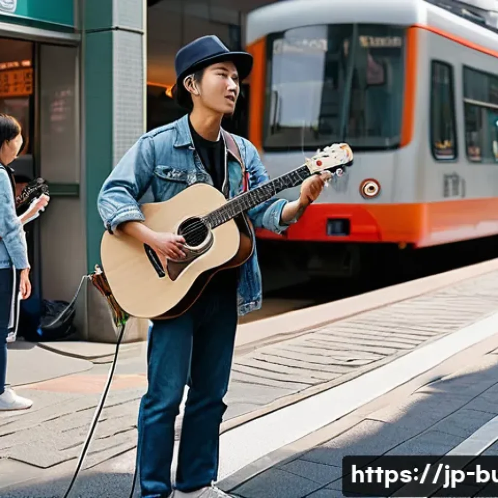 거리공연 관련법 - A lively Japanese street scene in a busy urban area during daytime, featuring a street musician perf...