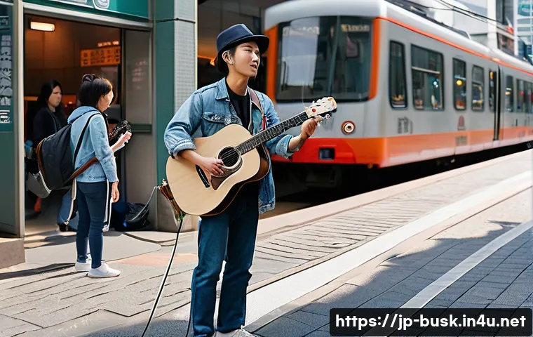 거리공연 관련법 - A lively Japanese street scene in a busy urban area during daytime, featuring a street musician perf...