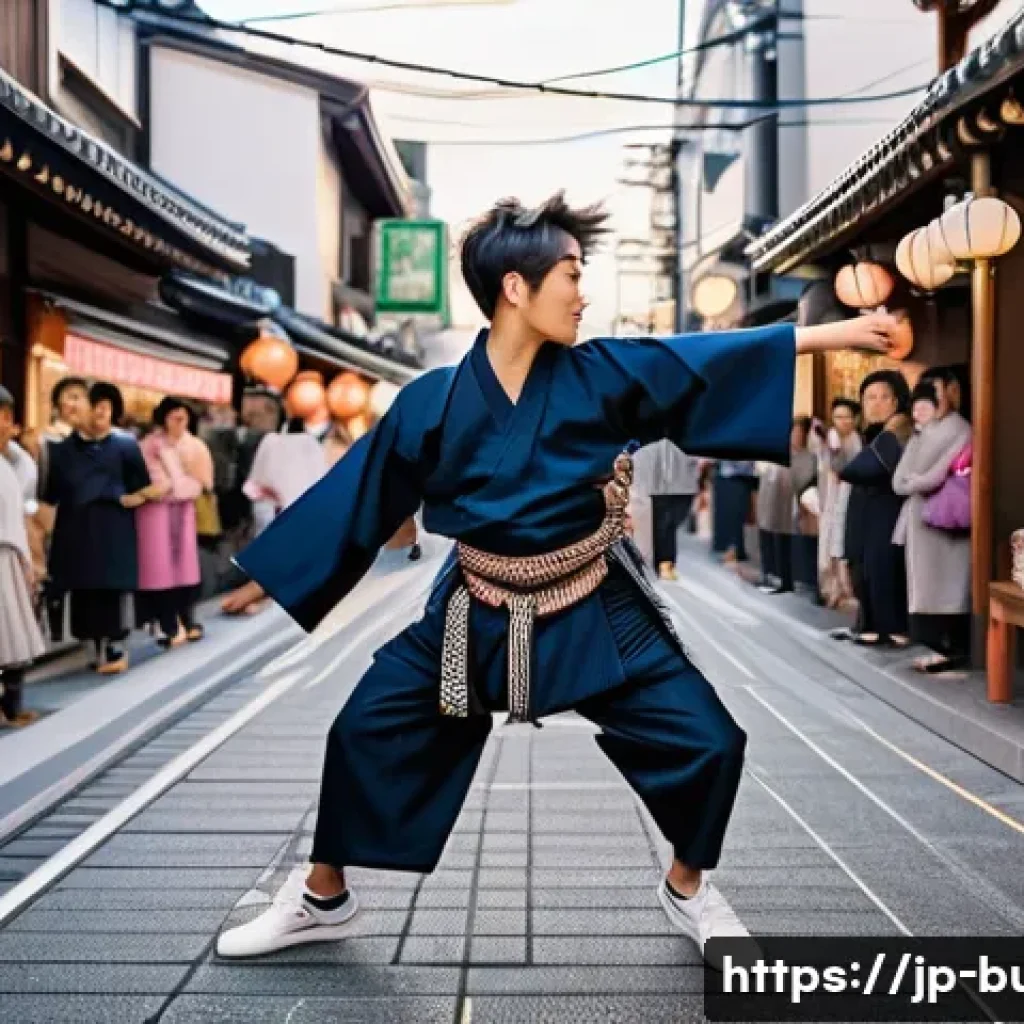 거리공연에서의 사회적 역할 - A vibrant street scene in a modern Japanese city corner featuring a diverse group of street performe...