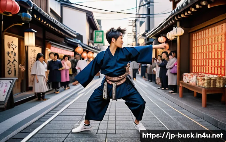 거리공연에서의 사회적 역할 - A vibrant street scene in a modern Japanese city corner featuring a diverse group of street performe...