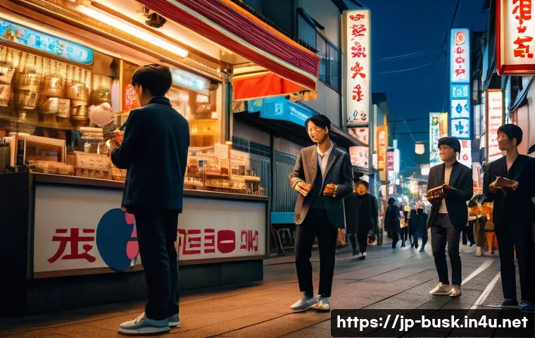 거리공연의 장점과 단점 - A vibrant street corner scene in a modern Japanese city during early evening, featuring a diverse gr...
