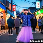 거리공연을 위한 콘텐츠 기획 - A vibrant street performance scene at dusk in a busy Japanese shopping street, featuring a young fem...