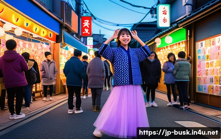 거리공연을 위한 콘텐츠 기획 - A vibrant street performance scene at dusk in a busy Japanese shopping street, featuring a young fem...