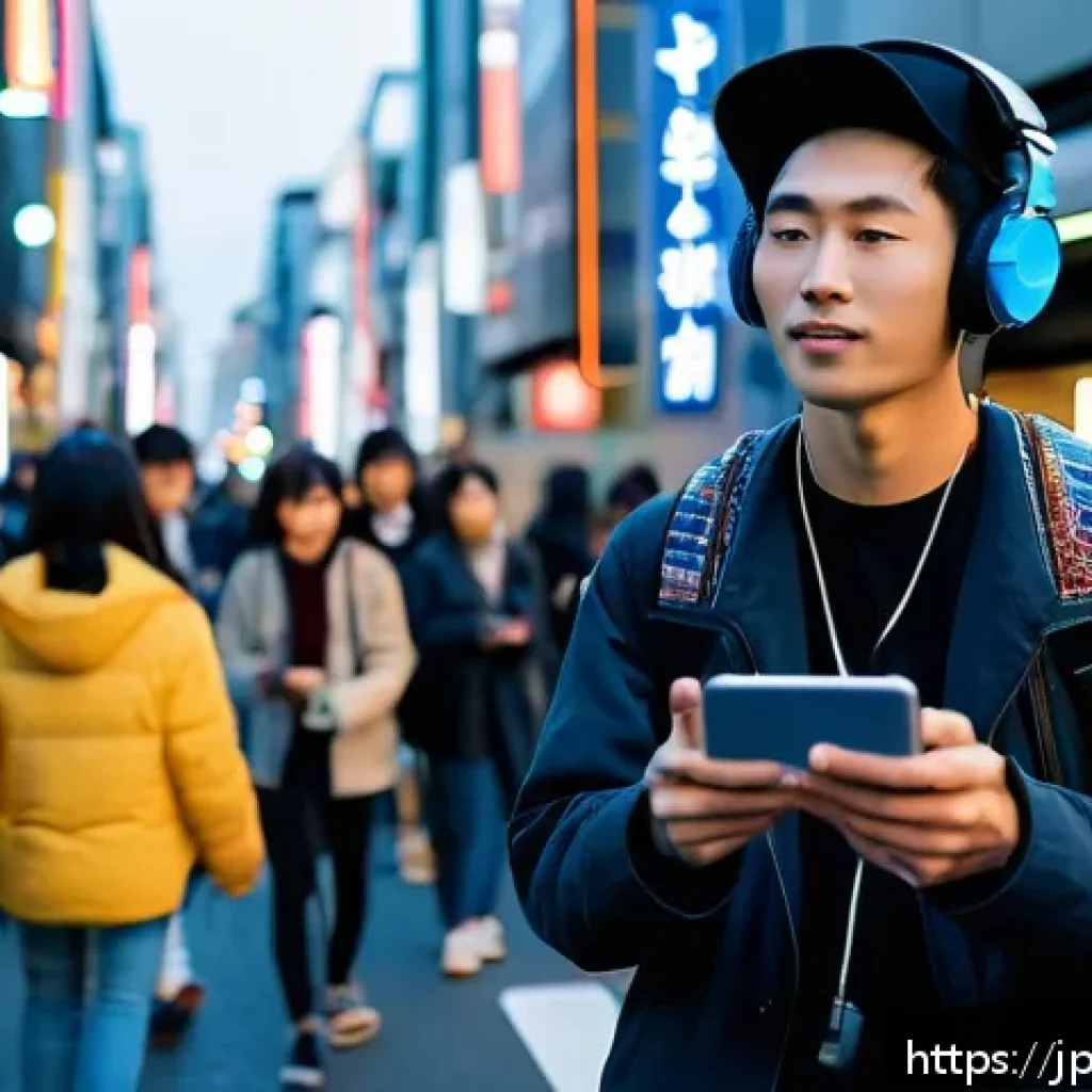 거리공연의 모바일 콘텐츠 활용 - A young Japanese street musician performing a live acoustic set on a bustling urban street in Tokyo,...