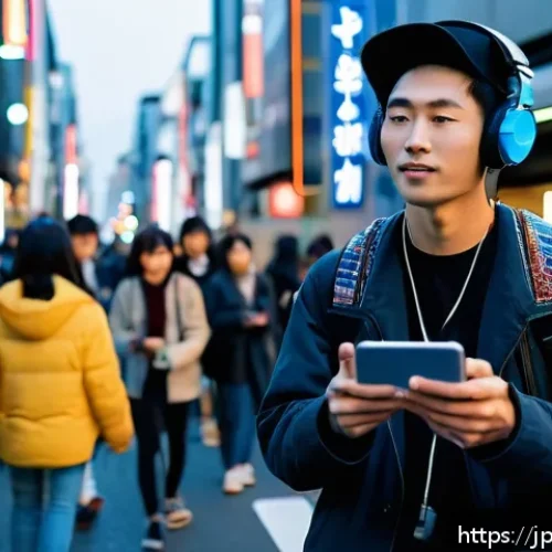 거리공연의 모바일 콘텐츠 활용 - A young Japanese street musician performing a live acoustic set on a bustling urban street in Tokyo,...