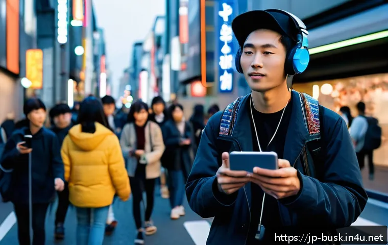 거리공연의 모바일 콘텐츠 활용 - A young Japanese street musician performing a live acoustic set on a bustling urban street in Tokyo,...