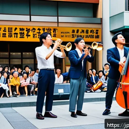 거리공연과 대화형 공연 - A lively street music live performance scene in a bustling Japanese city plaza during the afternoon,...