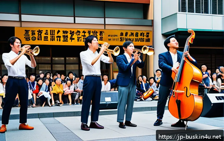 거리공연과 대화형 공연 - A lively street music live performance scene in a bustling Japanese city plaza during the afternoon,...