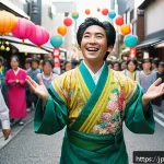 거리공연 관련 브랜드 협찬 - A vibrant street performer in a clean, stylish outfit with subtle yet colorful accents, engaging a d...