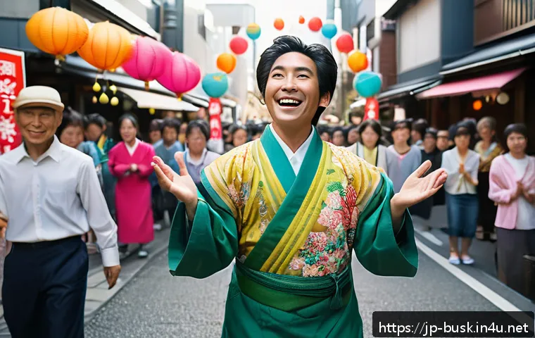 거리공연 관련 브랜드 협찬 - A vibrant street performer in a clean, stylish outfit with subtle yet colorful accents, engaging a d...