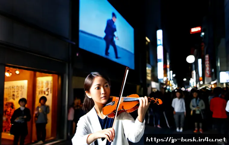거리공연과 비주얼 아트 - Photorealistic evening street performance in a lively Tokyo pedestrian district, a young Japanese vi...