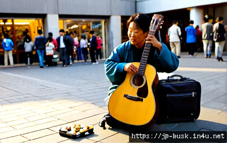 거리공연의 비즈니스 모델 - Photorealistic street musician performing with an acoustic guitar in a lively Japanese pedestrian pl...