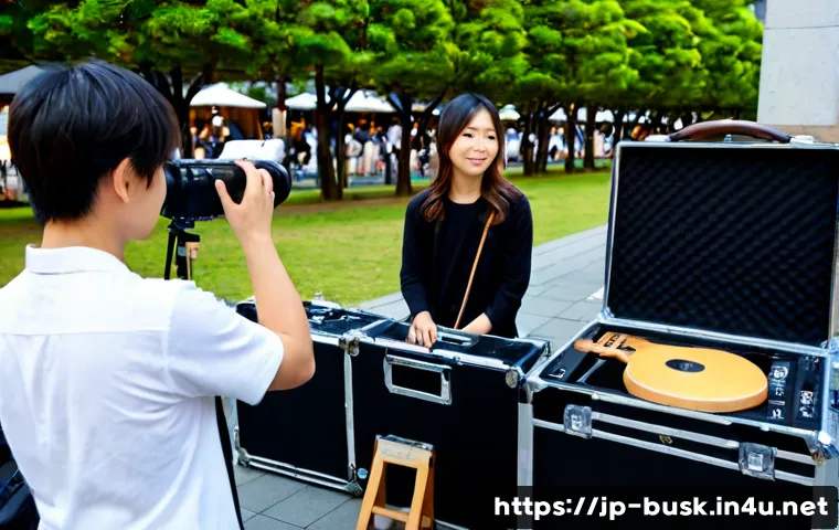 거리공연 팀 구성 및 역할 - Photorealistic Japanese street performance team preparing in a clean pedestrian plaza: lead vocalist...