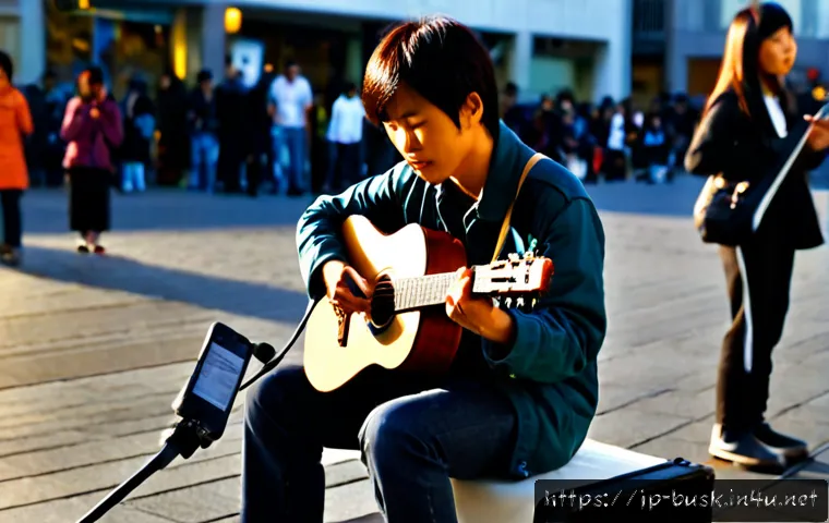 거리공연을 위한 최신 트렌드 - Photorealistic contemporary street performance in a lively Japanese pedestrian plaza at golden hour,...