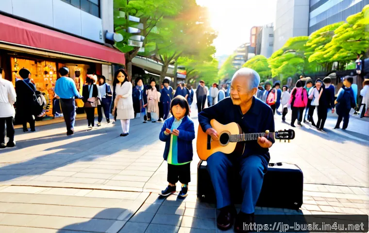 거리공연에 대한 대중의 관심 유도 - Photorealistic lively pedestrian plaza in a Japanese city at golden hour, a talented street musician...